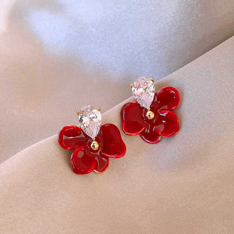 Electroplated zircon dripping oil flower earrings retro temperament earrings Ankola red earrings women