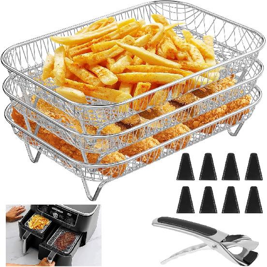 Air Fryer Rack Accessories for Ninja Dual Basket, 3 Layers, 304 Stainless Steel Stackable Bacon Air Fryer Accessories for Ninja AF300UK,
