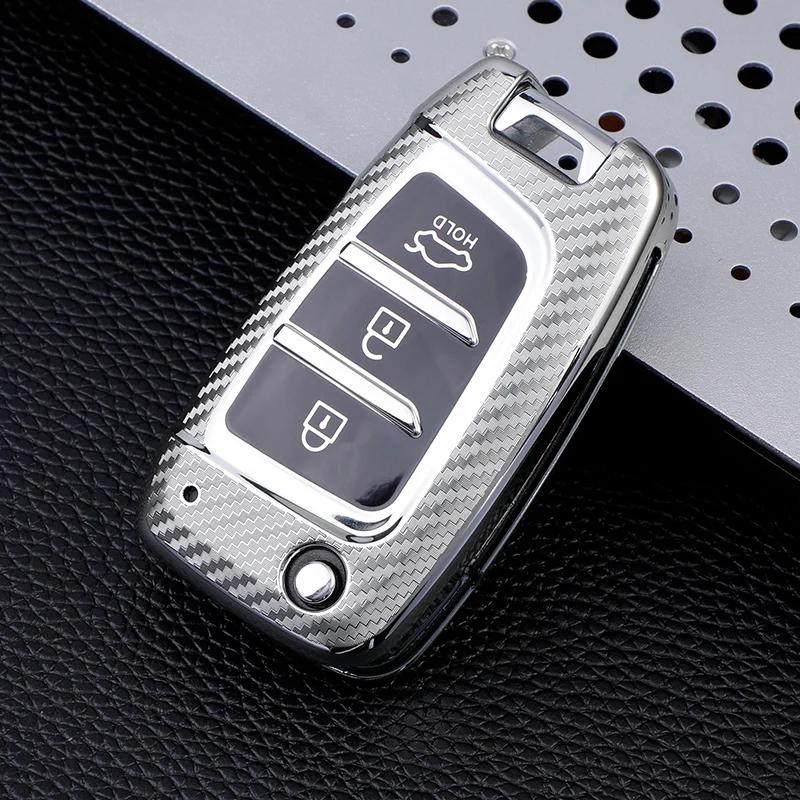 Carbon Fiber TPU Car Flip Key Case Cover for Hyundai Elantra Solaris Tucson I30 I35 I40 KONA Genesis Santa Fe Azera Holder Shell