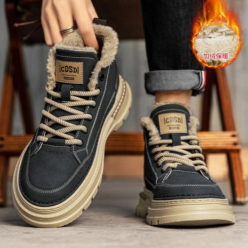Martin boots men's winter velvet thickened warm high-top tooling shoes British retro men's shoes medium-top snow cotton shoes
