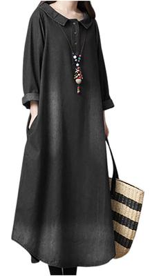 Long Sleeve Denim Long Body Button Calf Pregnant Headwear Elegant Going Hanging Invited Denim Black [Cunatch] Dress, Pullover, Length, Cover,