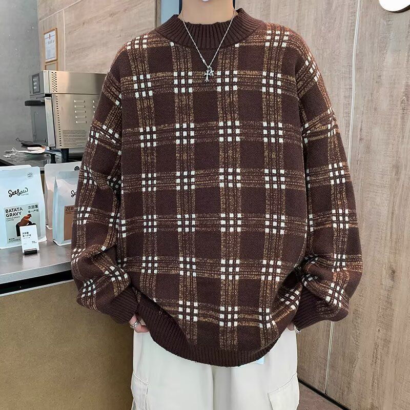 

Men s Vintage Plaid Knitted Pullovers Contrasting Colors Loose Autumn Winter Casual O-Neck Fashion Long Sleeve Sweaters M коричневый