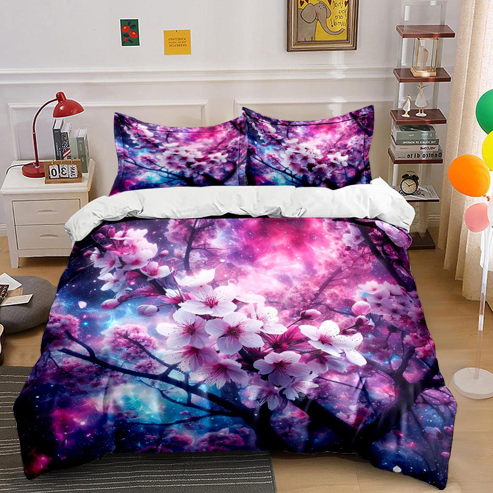 "Cherry Blossom Galaxy Art Set" Bedding Set with 1 Duvet Cover 2 Pillowcases Single Double King Queen, Gift