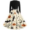 Women Casual Halloween Print V Neck Vintage Dress Long Sleeve Retro Style A Line Skater Dress with Waist Tie for Seasonal Events