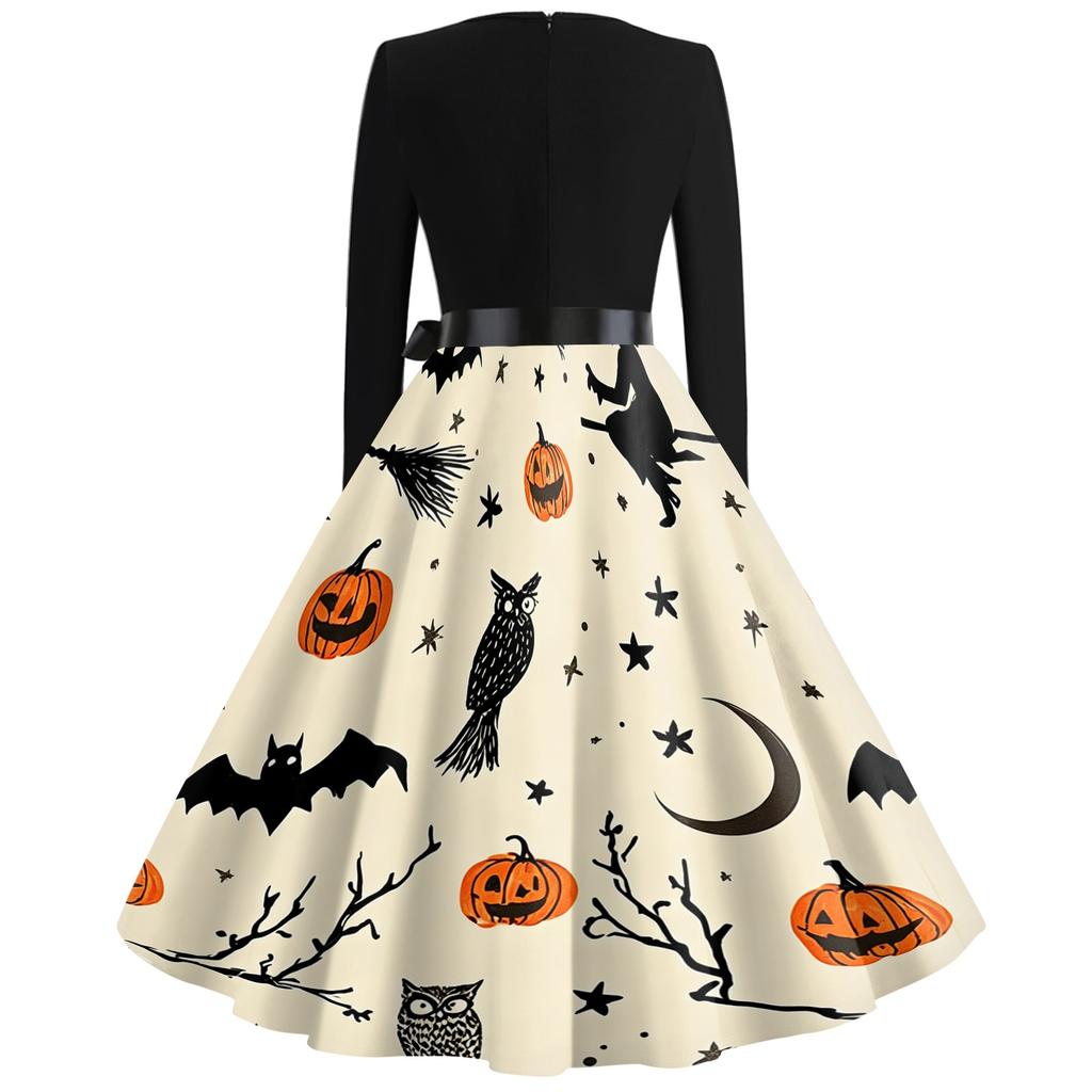 Women Casual Halloween Print V Neck Vintage Dress Long Sleeve Retro Style A Line Skater Dress with Waist Tie for Seasonal Events