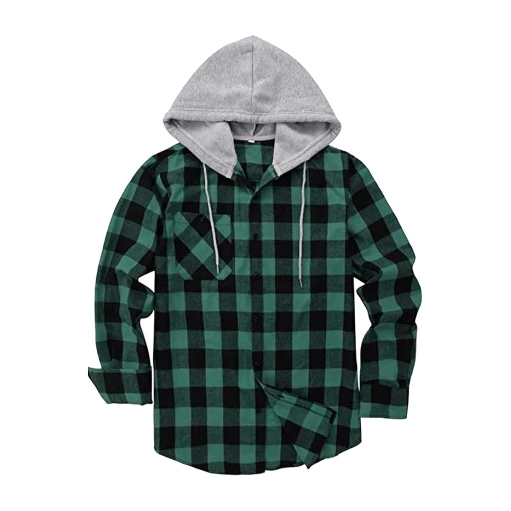Men's Flannel Plaid Button-Up Hooded Shirt Jacket for Casual Wear