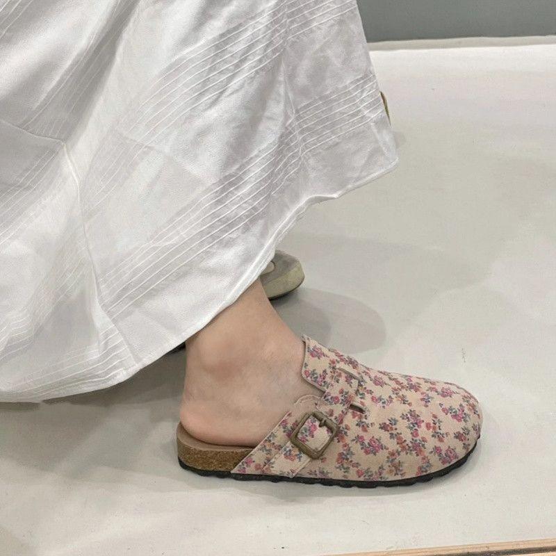 Retro floral women's outer wear spring and summer new one-pedal bag head thick-soled Boken half slippers