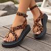 Lucyever Leopard Ankle Wrap Platform Sandles Women Summer Clip Toe Thick Bottom Gladiator Sandals Woman Backle Strap Roman Shoes