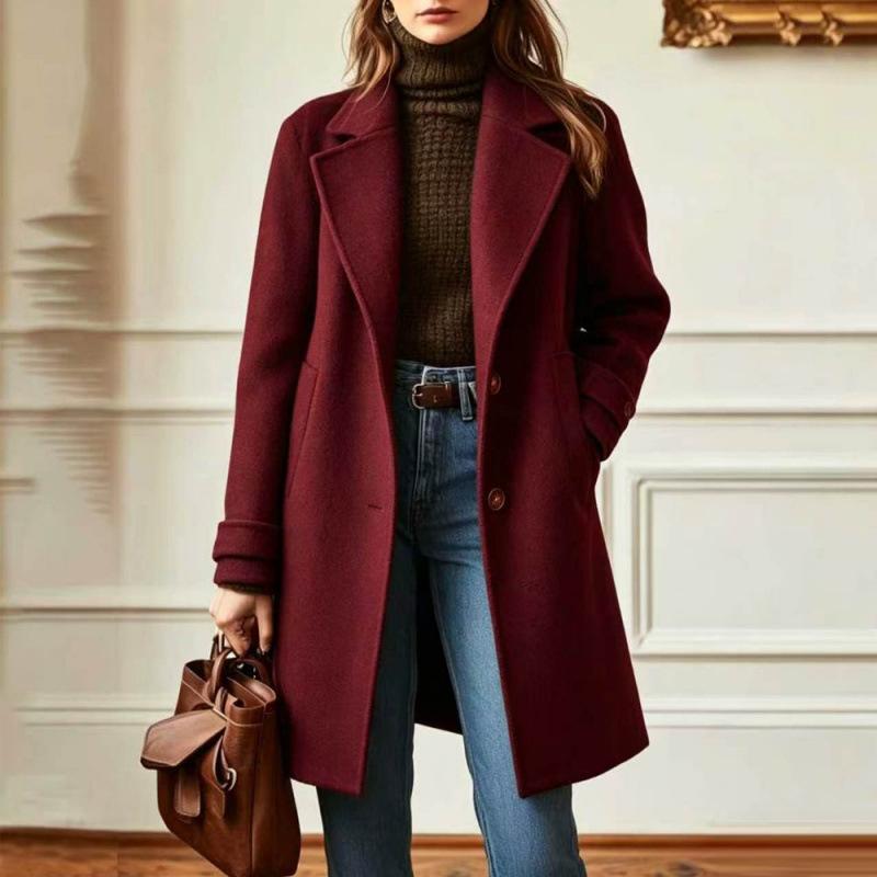 Women's Retro Casual Mid-Length Wool Coat with Lapel Collar for Winter Everyday Wear