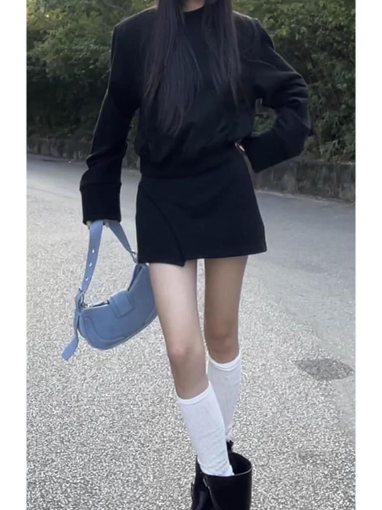 Schickes Spicy Girl Rollkragen-Fleece-Sweatshirt & High-Waist-Midirock-Set für Herbst/Winter