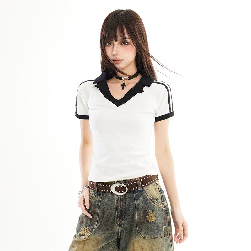 

Unique lapel~ American retro contrasting color short-sleeved t-shirt women s summer new design sense slim and thin college top s（ 47.5-55kg ）