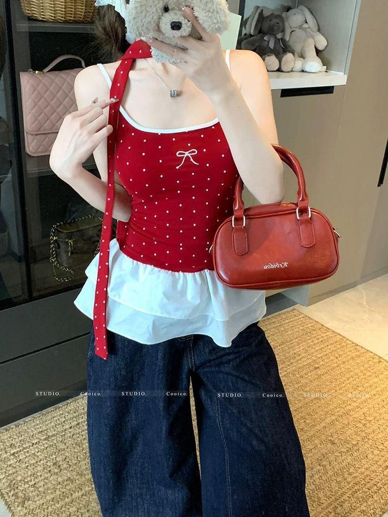 Red Polka Dot Bow Lace Camisole - Slimming Spicy Girl Summer 2025 Women's Trendy Top