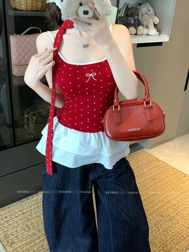 

Трендовый красный камисоль в горошек для острой девушки с бантом и кружевом – Приталенный летний женский топ 2025 Large