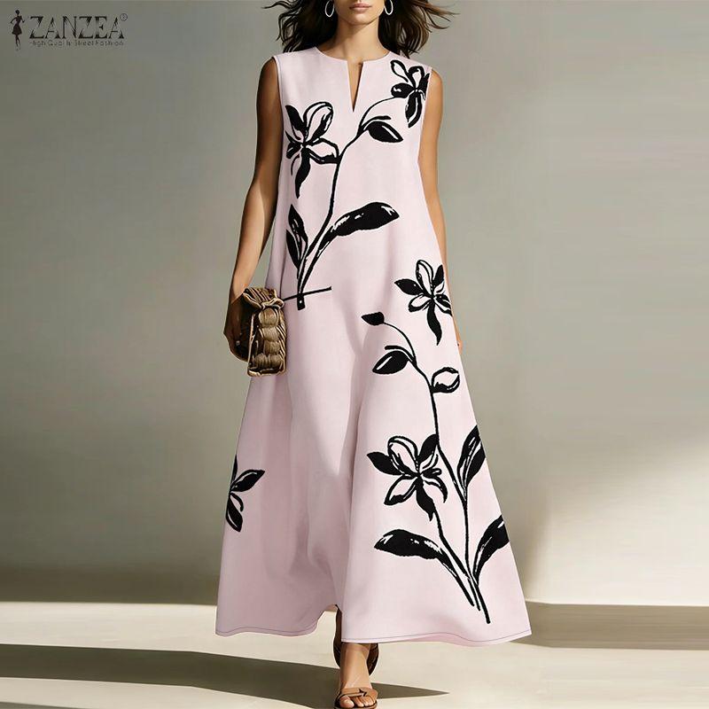 ZANZEA Women Boho Print Loose Casual Round Neck Sleeveless Long Dress