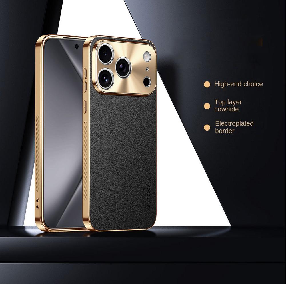 First Layer of Cowhide Lychee Texture Electroplated Frame Case For iPhone 17 Pro Max Air 16e 16 15 Pro 14 13 Lens Protect Cover