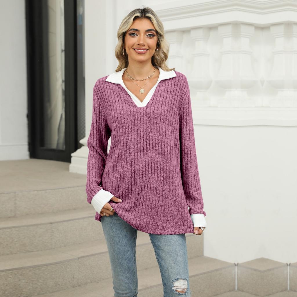 Fall Winter New Women's Colorblock Collared Long Sleeve Loose T-shirt Top Casual Daily Wear