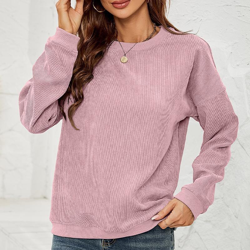Women's Corduroy Sweatshirt Casual Round Neck Pullover Long Sleeve Top