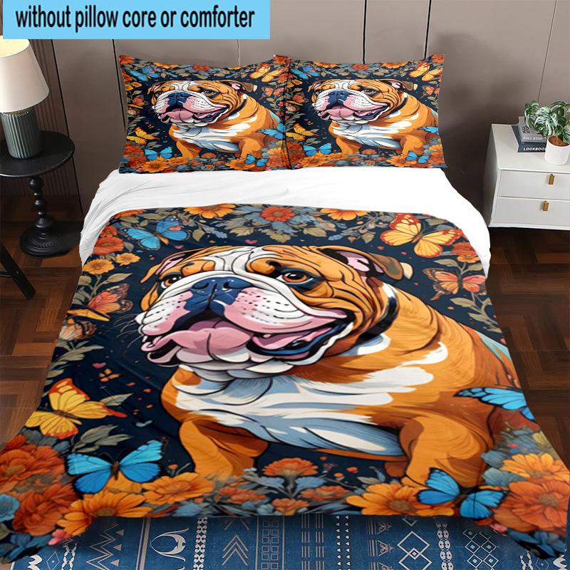 Butterflies And Bulldog Garden 3pcs Bedding,Including 1pc Duvet Cover And 2pcs Pillowcases Perfect for Christmas,Ideal for Bedroom, Dormitory