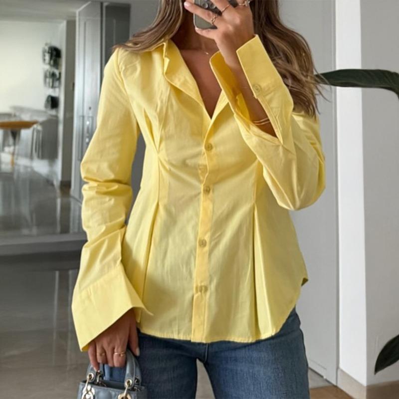 Elegant Solid Color Button Long Sleeve Shirt Tops Women 2025 Autumn Winter