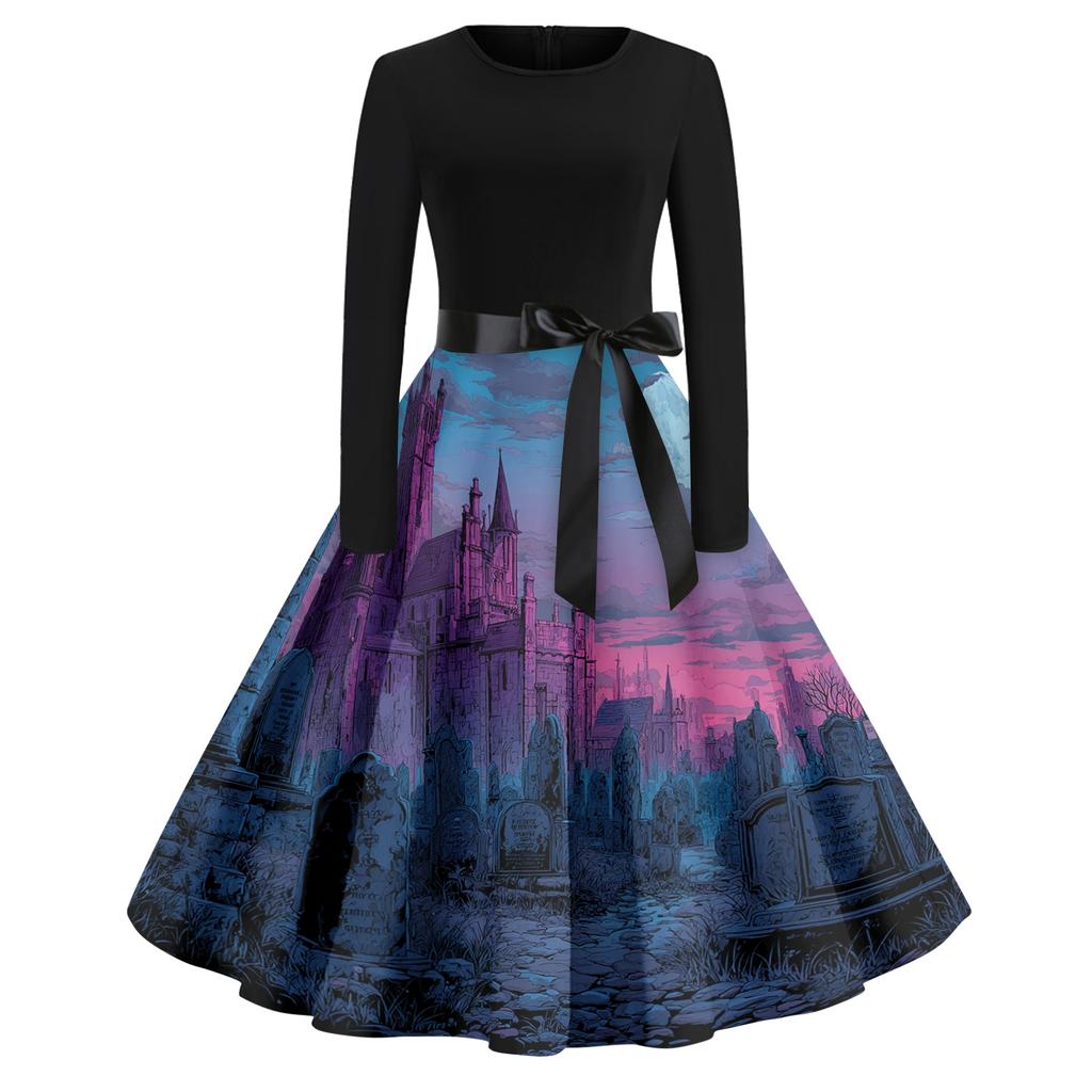 Women's Casual Fashion Round Neck Halloween Printed Vintage Dress