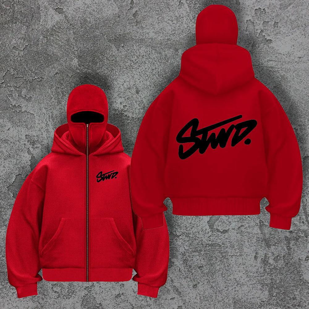 American Casual Sports Jacket Y2K Style Hooded Mask with Double Hood Zipper Design, Outdoor Letter Swd Printed Zipper Sweater