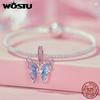 WOSTU 925 Silver Pink Girl Butterfly Charm Car Bead Rainbow Heart Pendant Fit Necklace Bracelet DIY Birthday Jewelry Making