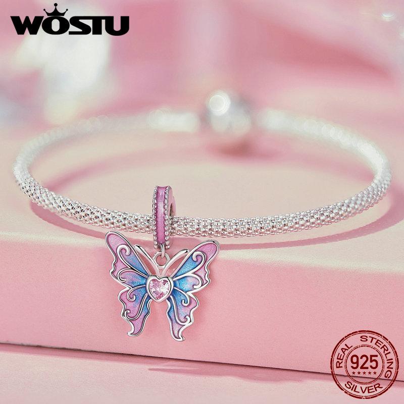 WOSTU 925 Silver Pink Girl Butterfly Charm Car Bead Rainbow Heart Pendant Fit Necklace Bracelet DIY Birthday Jewelry Making