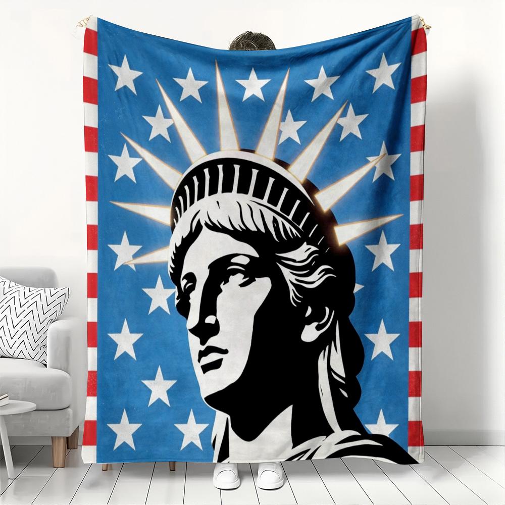 American Flag & Statue of Liberty Flannel Blanket, Patriotic USA Pattern Throw, Soft Cozy for Home Decor, Warm Sofa Couch Gift
