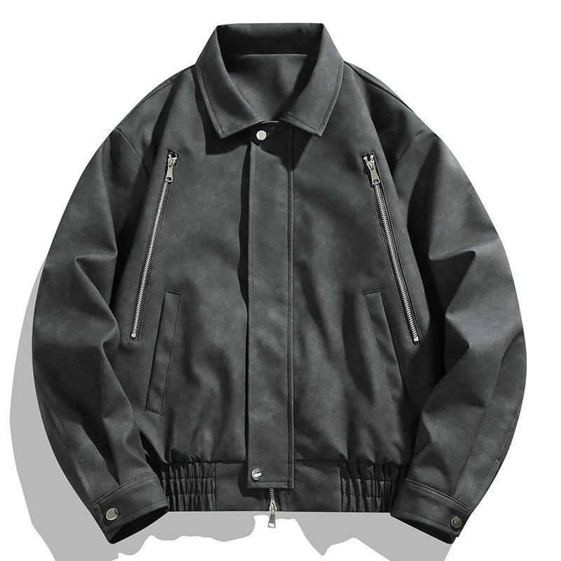 Men's Lapel Leather Jacket Men's Spring and Autumn New Zipper Vintage Cargo Cycling Motorcycle Jacket