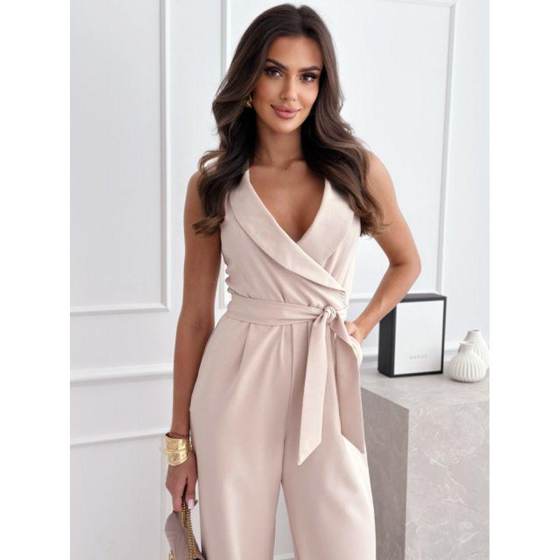 Fashion Fashion Commuter Ol Pure Color Deep V-neck Lace up Waist Trimming Casual Sleeveless Jumpsuit Pants Women Jumpsuit