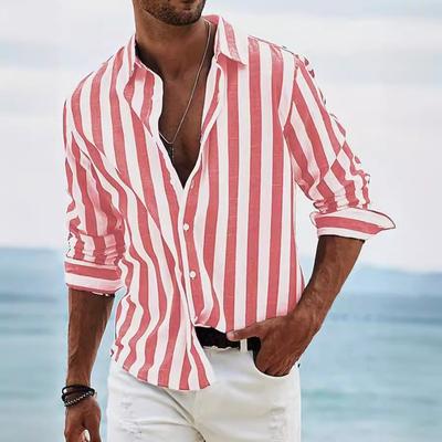 Men's Spring and Autumn Casual Striped Lapel Long Sleeved Shirt