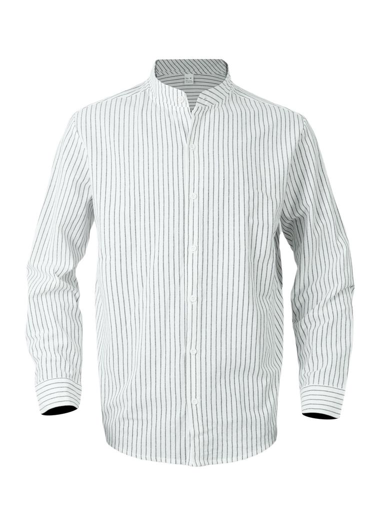 Men Striped Long Sleeve Stand Collar Casual Business Linen Shirt