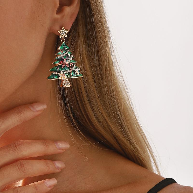 Dripping Oil Vintage Christmas Collection Earrings Earrings Fashion Rhinestones Christmas Tree Earrings New Year's Accessories