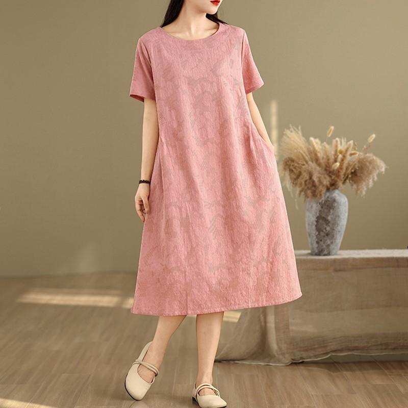 Short Sleeve Plus Size Cotton Linen Vintage Floral New In Dresses for Women Casual Loose Long Summer Dress