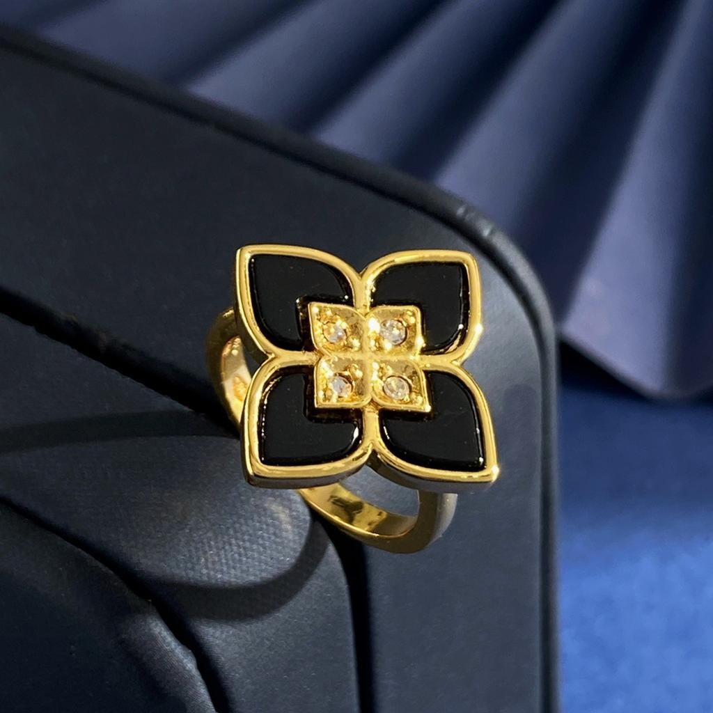 ] Multi-colored Four-leaf Clover Hollow Ring, Four-petal Flower Diamond Ring, Gold-plated Process, Advanced Texture