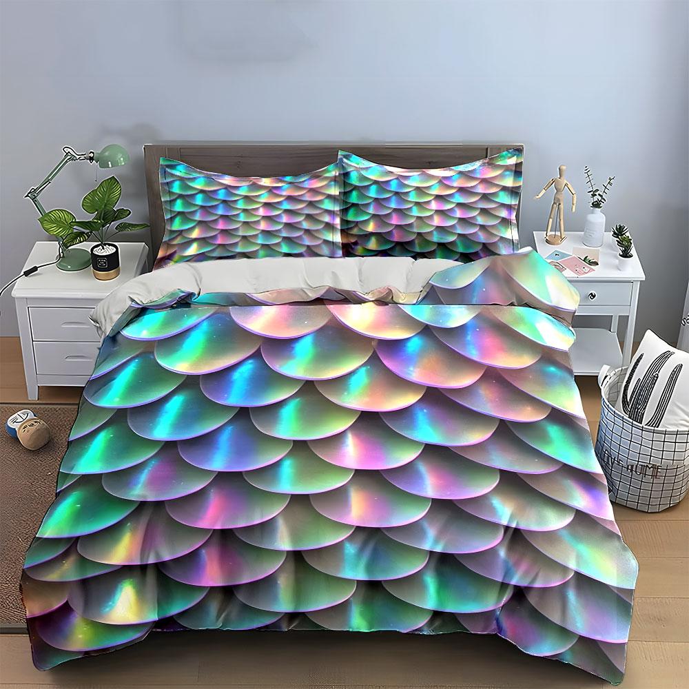 Holographic Mermaid Scales Bedding Duvet Cover Set (1*Duvet Cover 2*Pillowcases, Without Duvet Insert)