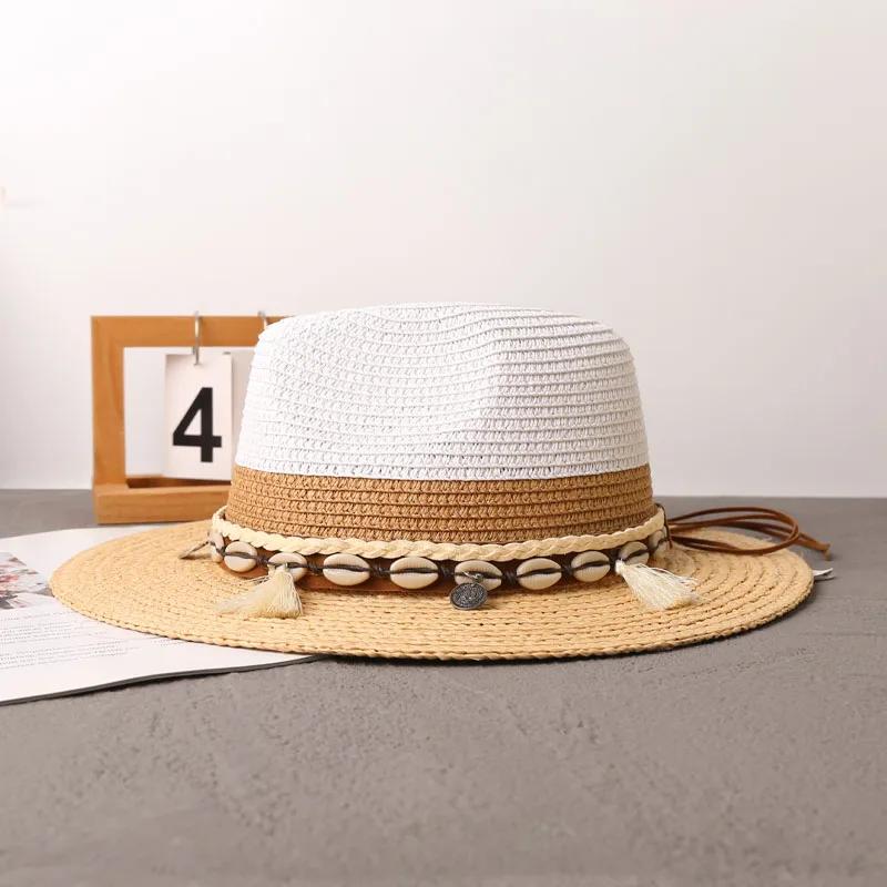 New Summer Beach Raffia Spliced Ethnic Style Woven Tape Sunshade Straw Hat Womens Wide Brim Jazz Holiday Uv Protection Sun Hats