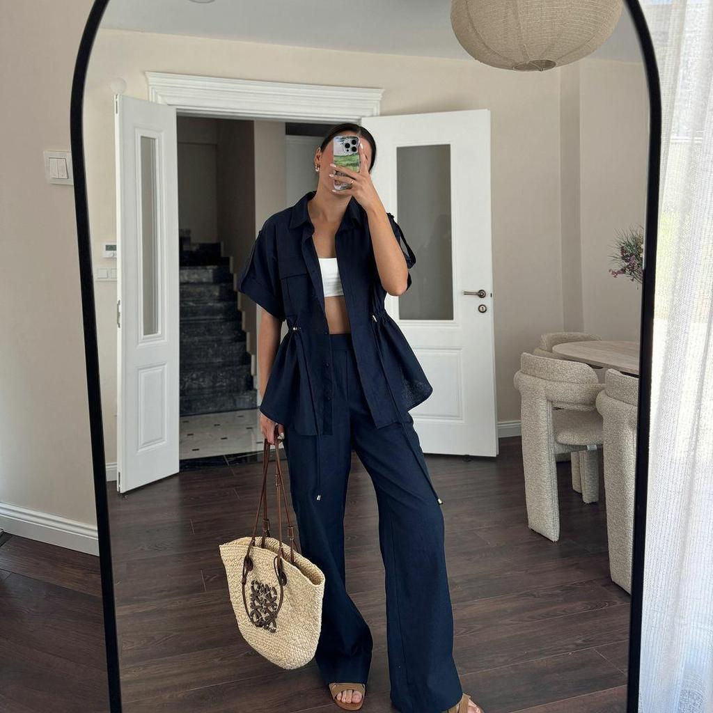 Women's Casual Summer Two-Piece Set: Short-Sleeve Pocket Shirt & Long Pants