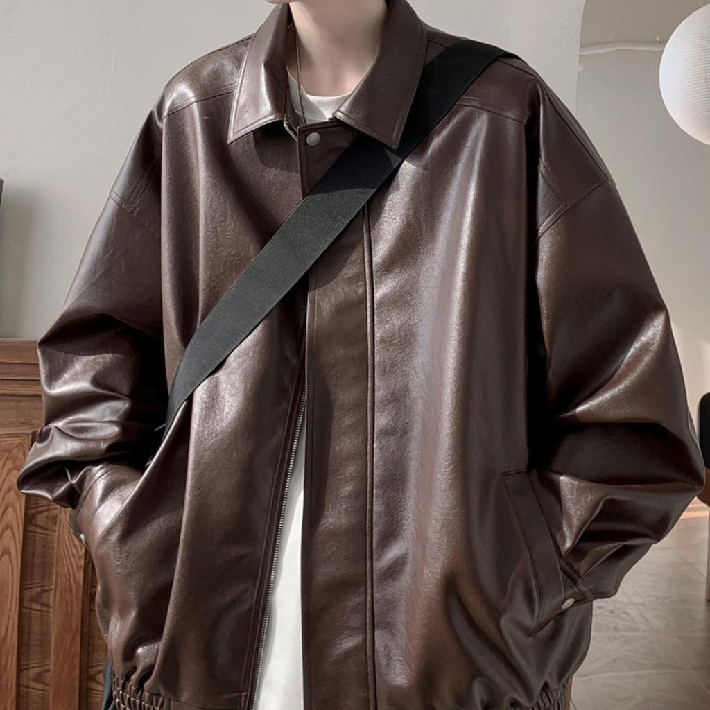 American retro leather jacket men's autumn and winter high sense ruffian handsome trendy brand casual loose pu leather lapel jacket