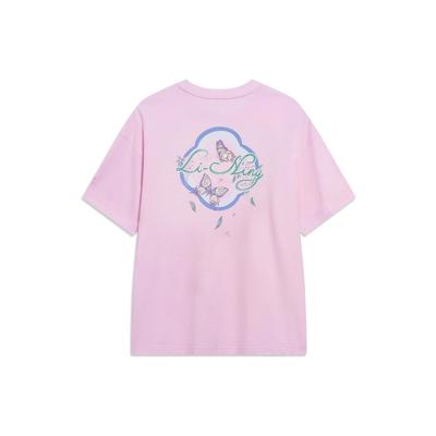 Li Ning Chinese Culture Series T-shirt met vlinderpatroon, ronde hals, losse korte mouwen, dames T-shirt, kersenbloesemroze AHST234-5
