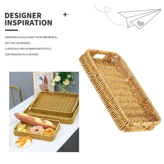 Storage Basket with Handle Manual Braided Faux Rattan Rectangle Shape Hollow Drainage Party Picnic Fruit Snacks Bread Serving