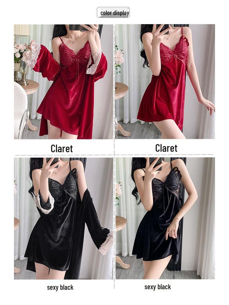 Women's Gold Velvet Butterfly Lace Pajama Set – Camisole and Beautiful Back Sleepwear with Chest Pads for Autumn/Winter.