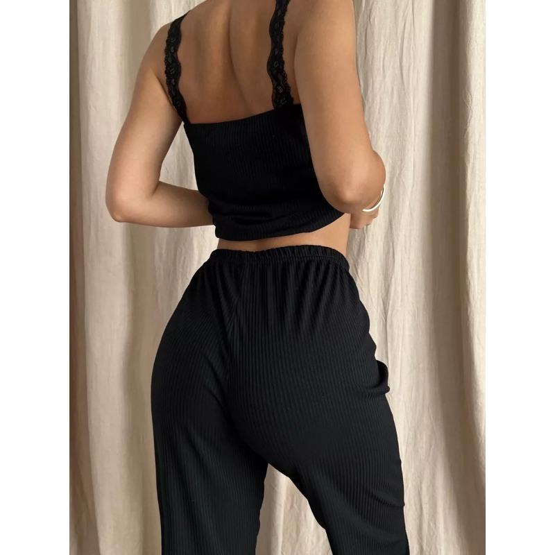 Summer Autumn Sexy Lace Patchwork Spaghetti Strap Top Elastic Waist Pants Set Women Casual Homewear Suit