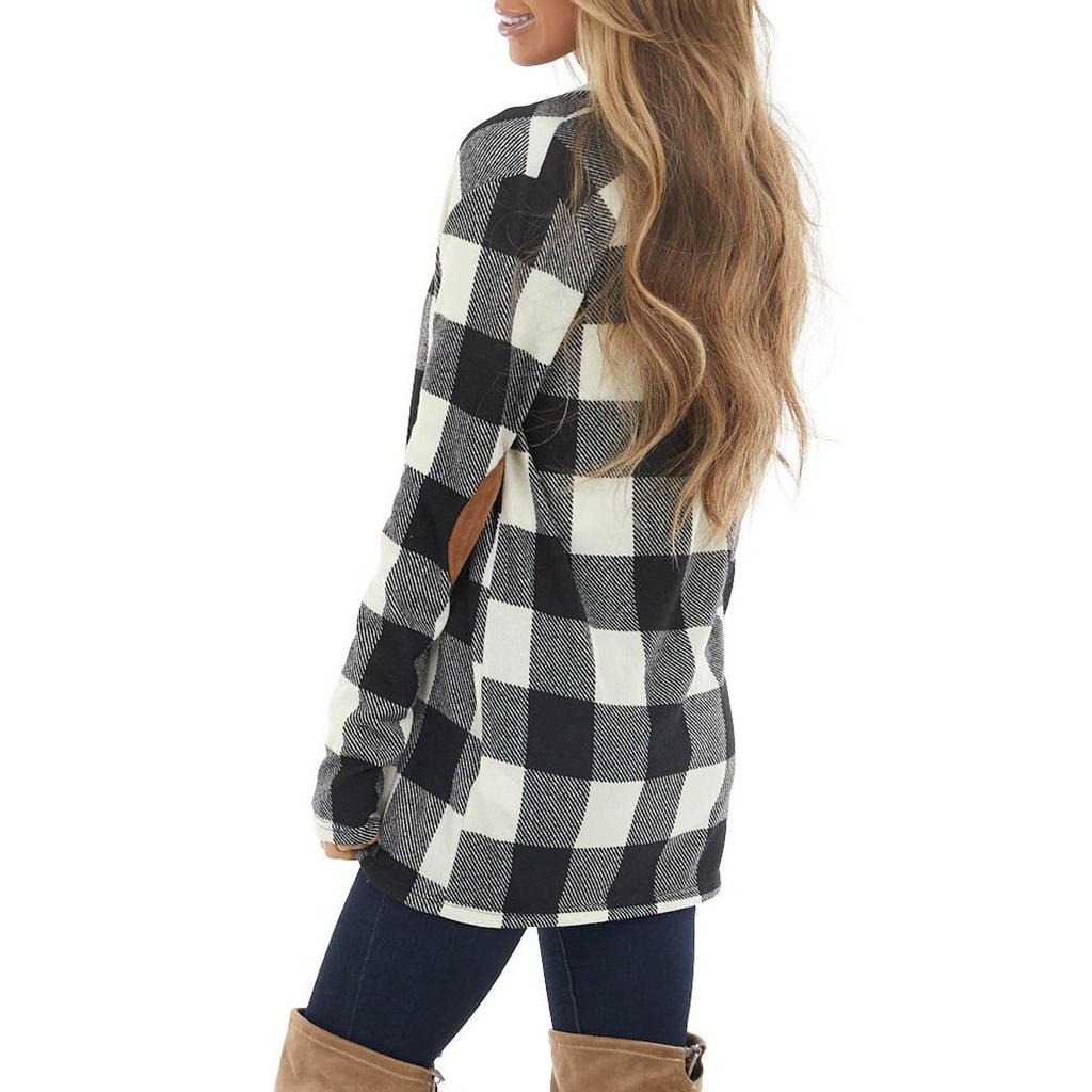 Women's Plaid Print Patch Patchwork Cardigans Open Front Long Sleeve Coat
