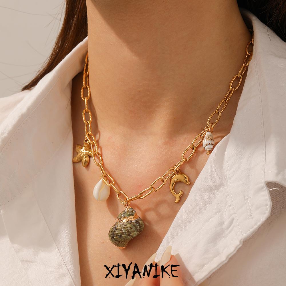 316L Stainless Steel Exquisite Green Conch Starfish Dolphin Shell Pendant Necklace Women Leisure Vacation Neck Chain