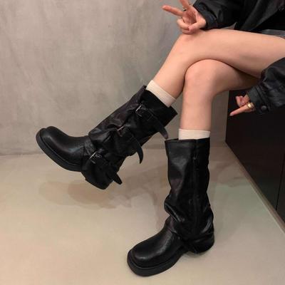 Comemore Bottes Mi-Cuisse à Talons Chunky Vintage Western Cowboy Chaussures Empilées pour Femmes Début d'Automne Cuir Noir Mi-Mollet Botas