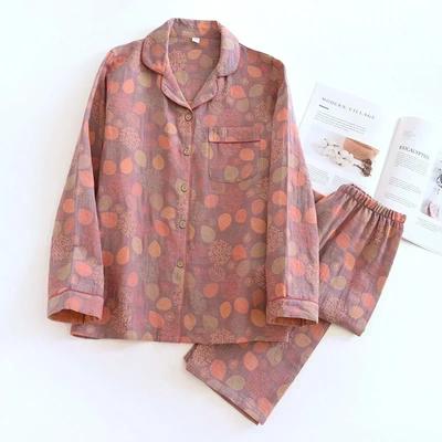 Pijama de mujer de primavera y verano, conjunto de dos piezas de manga larga y pantalón, 100 % algodón crepé con estampado de flores y hojas, ropa para el hogar