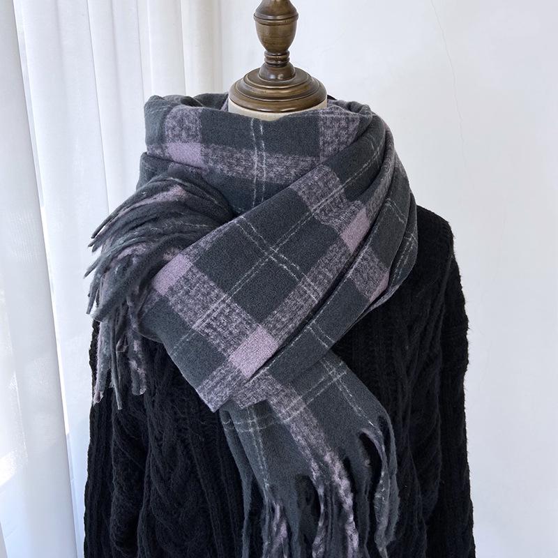 

Женский клетчатый шарф Осень/Зима 2024 - Универсальная шаль средней/длинной длины с кистями из имитации кашемира грязно-белый