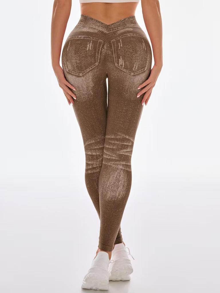 Nahtlose High-Waist Po-Lifting Yoga-Hose für Damen - Schnelltrocknend, Schlankmachend, Enganliegend im Denim-Stil für Laufen & Fitness
