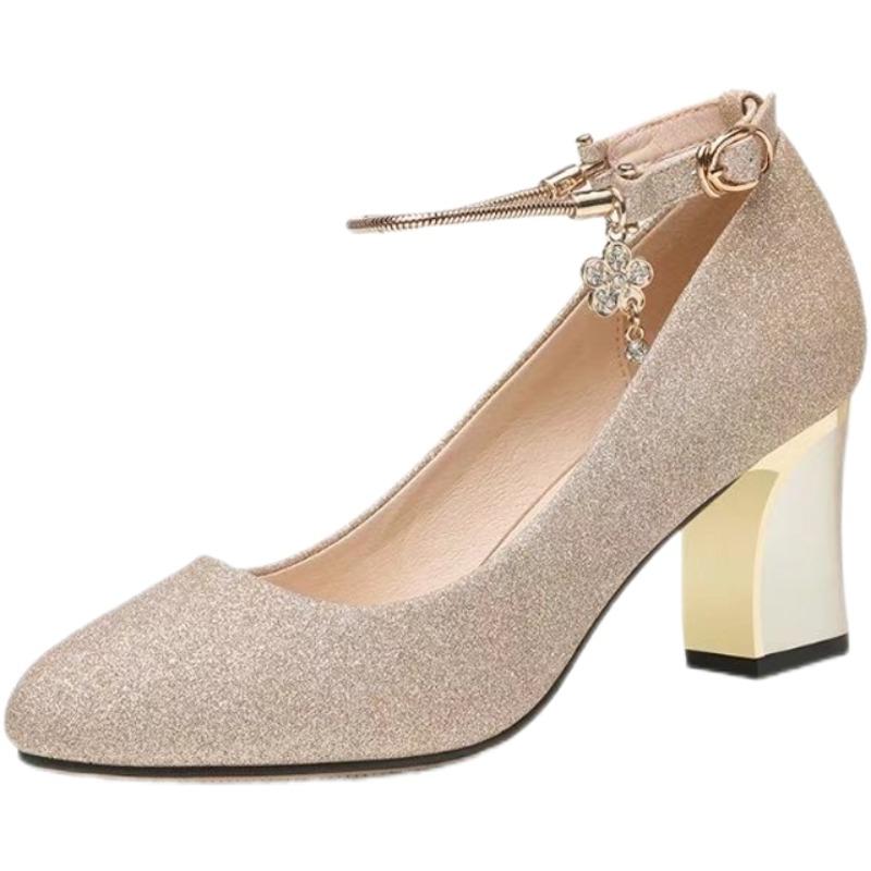 Women Wedding High Heel Shoes Luxury Elegant Plus Size Women Shoes Spring Ankle Strap Heels Women Shallow Chunky Heel Pumps